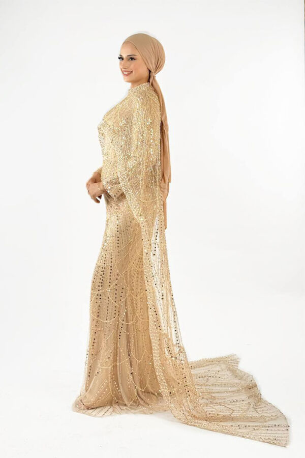 Pelerinli Taşlı Abiye 7095-K Gold - 3