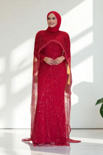 Pelerinli Taşlı Abiye 7095-K Kırmızı - Bym Fashion