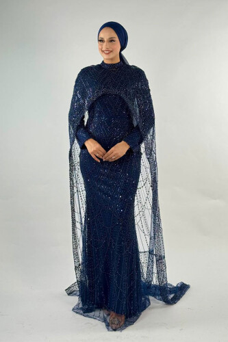 Pelerinli Taşlı Abiye 7095-K Lacivert - Bym Fashion