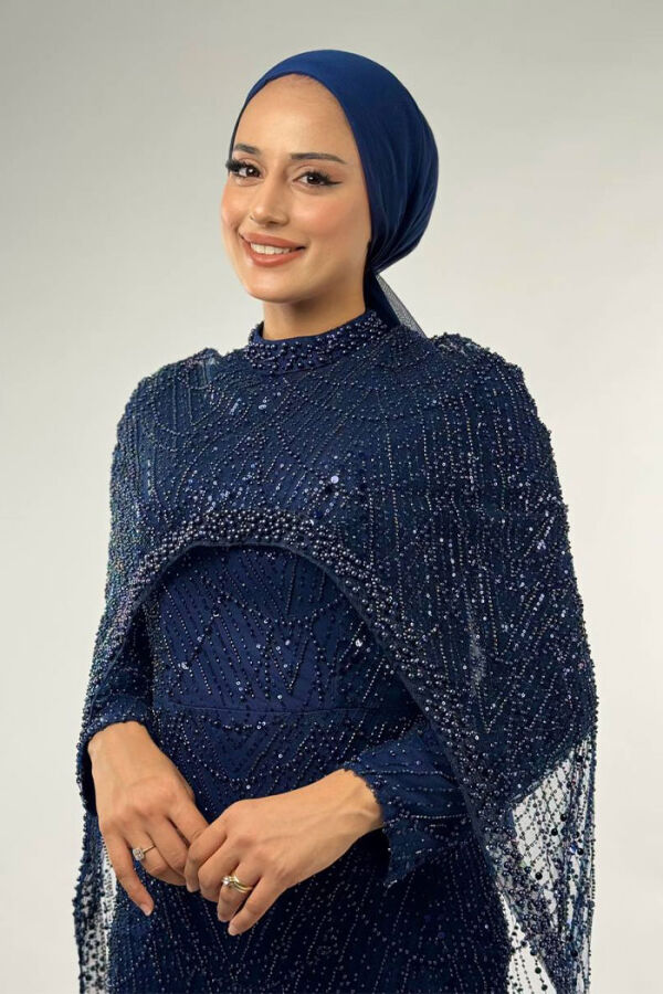 Pelerinli Taşlı Abiye 7095-K Lacivert - 4