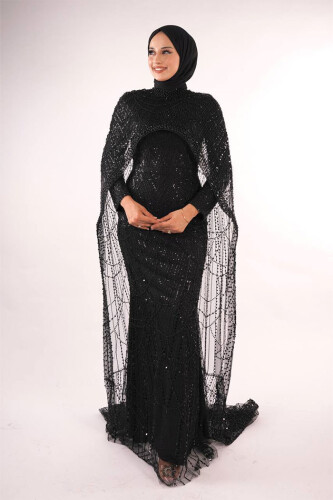 Pelerinli Taşlı Abiye 7095-K Siyah - Bym Fashion
