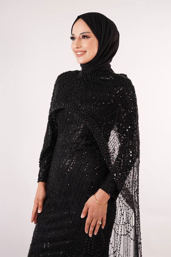 Pelerinli Taşlı Abiye 7095-K Siyah - 4