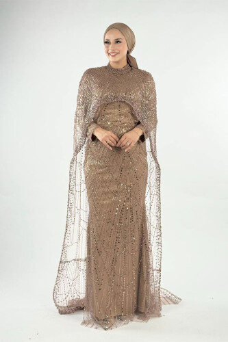 Pelerinli Taşlı Abiye 7095-K Vizon - Bym Fashion