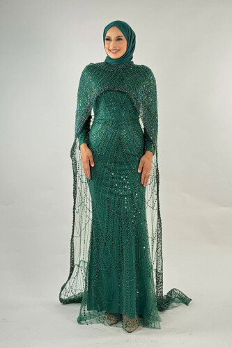 Pelerinli Taşlı Abiye 7095-K Zümrüt - Bym Fashion