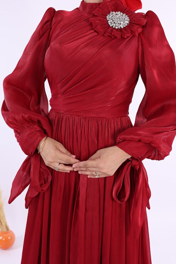 Çiçek Detaylı Valentino Abiye 7139 Bordo - 5