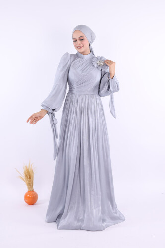 Çiçek Detaylı Valentino Abiye 7139 Gri - Bym Fashion