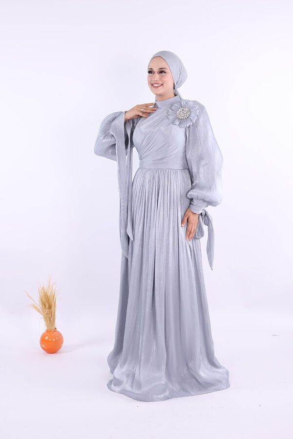 Çiçek Detaylı Valentino Abiye 7139 Gri - 2