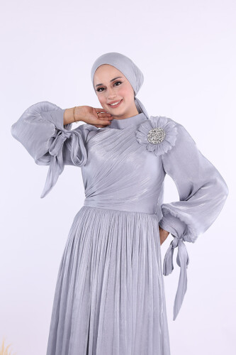 Çiçek Detaylı Valentino Abiye 7139 Gri - 4