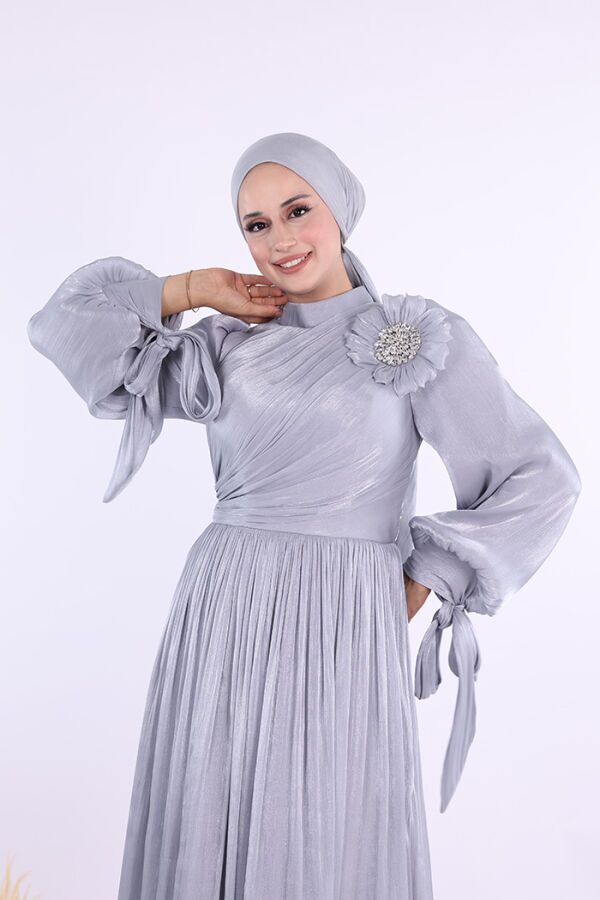 Çiçek Detaylı Valentino Abiye 7139 Gri - 4