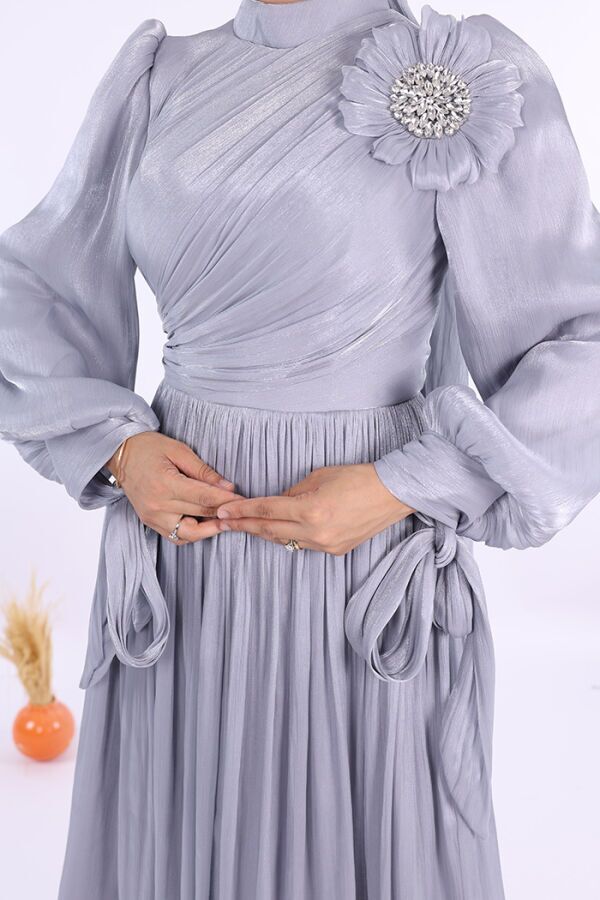 Çiçek Detaylı Valentino Abiye 7139 Gri - 5