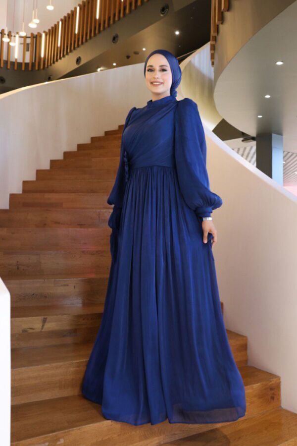 Çiçek Detaylı Valentino Abiye 7139 Lacivert - 2