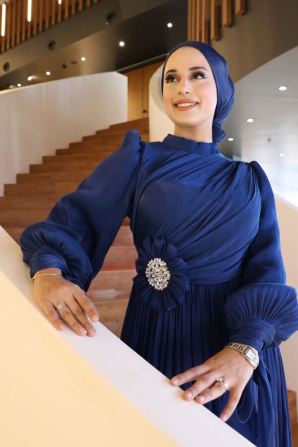 Çiçek Detaylı Valentino Abiye 7139 Lacivert - 5