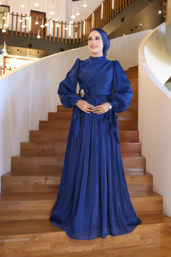 Çiçek Detaylı Valentino Abiye 7139 Lacivert - Bym Fashion