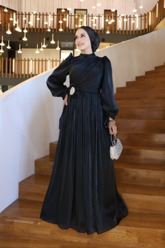 Çiçek Detaylı Valentino Abiye 7139 Siyah - 2