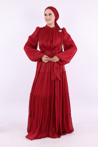 Broş Detaylı Valentino Abiye 7141 Bordo - Bym Fashion