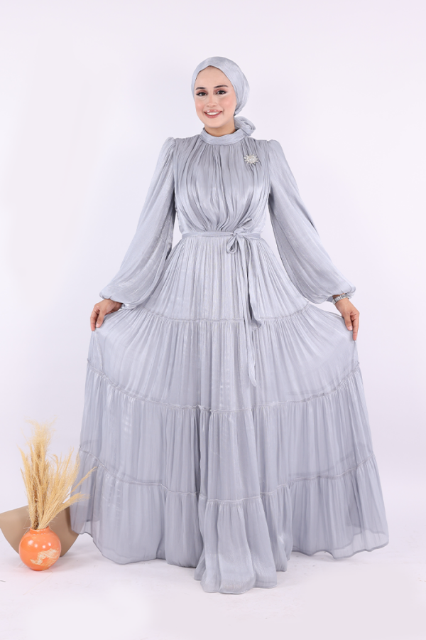 Broş Detaylı Valentino Abiye 7141 Gri - 2