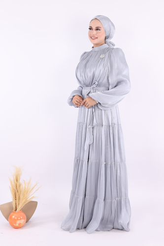 Broş Detaylı Valentino Abiye 7141 Gri - 3