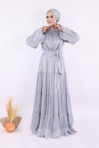 Broş Detaylı Valentino Abiye 7141 Gri - Bym Fashion