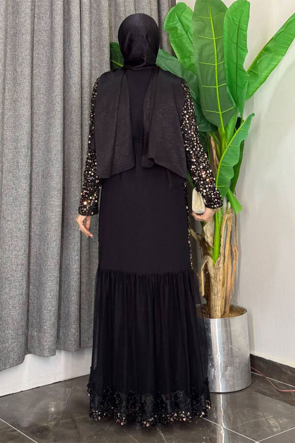 Büyük Beden Tül İşleme Detay Pul Payetli Abaya 7376-1 Gold - 2