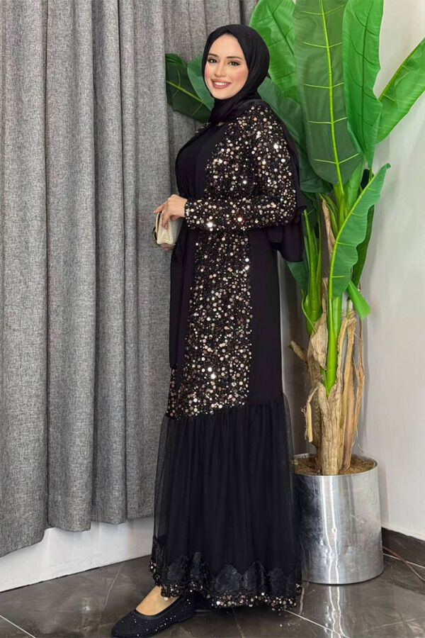 Büyük Beden Tül İşleme Detay Pul Payetli Abaya 7376-1 Gold - 3