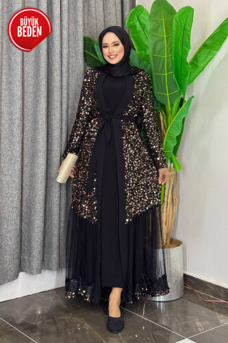 Büyük Beden Tül İşleme Detay Pul Payetli Abaya 7376-1 Gold - Bym Fashion