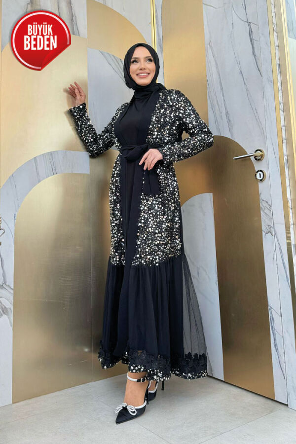 Büyük Beden Tül İşleme Detay Pul Payetli Abaya 7376-1 Gümüş - 5