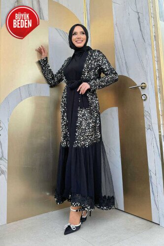 Büyük Beden Tül İşleme Detay Pul Payetli Abaya 7376-1 Gümüş - Bym Fashion