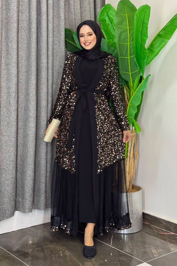 Tül İşleme Detay Pul Payetli Abaya 7376 Gold - 1