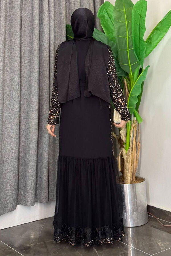 Tül İşleme Detay Pul Payetli Abaya 7376 Gold - 2