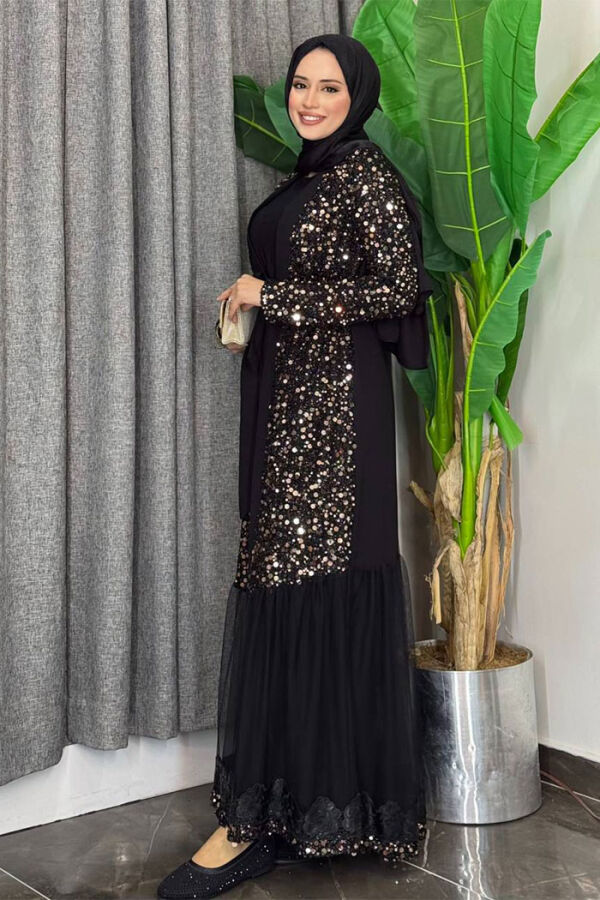 Tül İşleme Detay Pul Payetli Abaya 7376 Gold - 3
