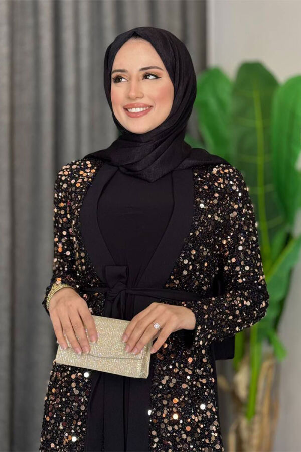 Tül İşleme Detay Pul Payetli Abaya 7376 Gold - 4