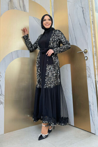 Tül İşleme Detay Pul Payetli Abaya 7376 Gümüş - 5
