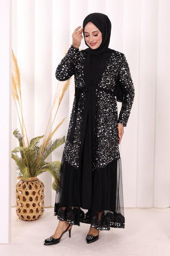 Tül İşleme Detay Pul Payetli Abaya 7376 Gümüş - 2