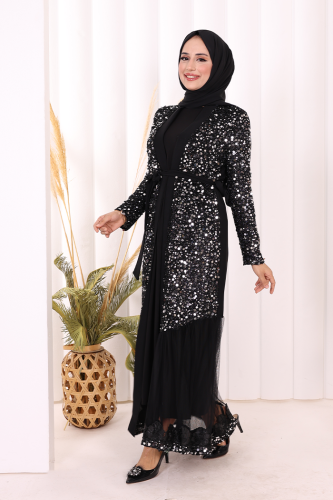 Tül İşleme Detay Pul Payetli Abaya 7376 Gümüş - 3