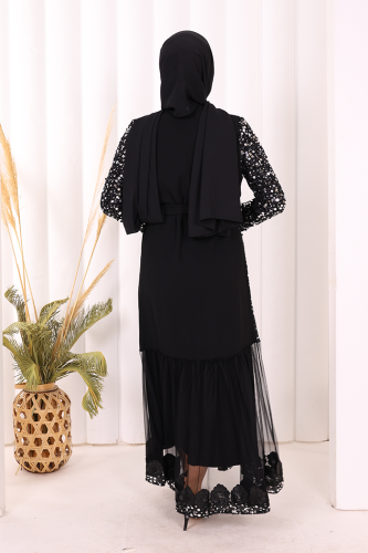 Tül İşleme Detay Pul Payetli Abaya 7376 Gümüş - 4