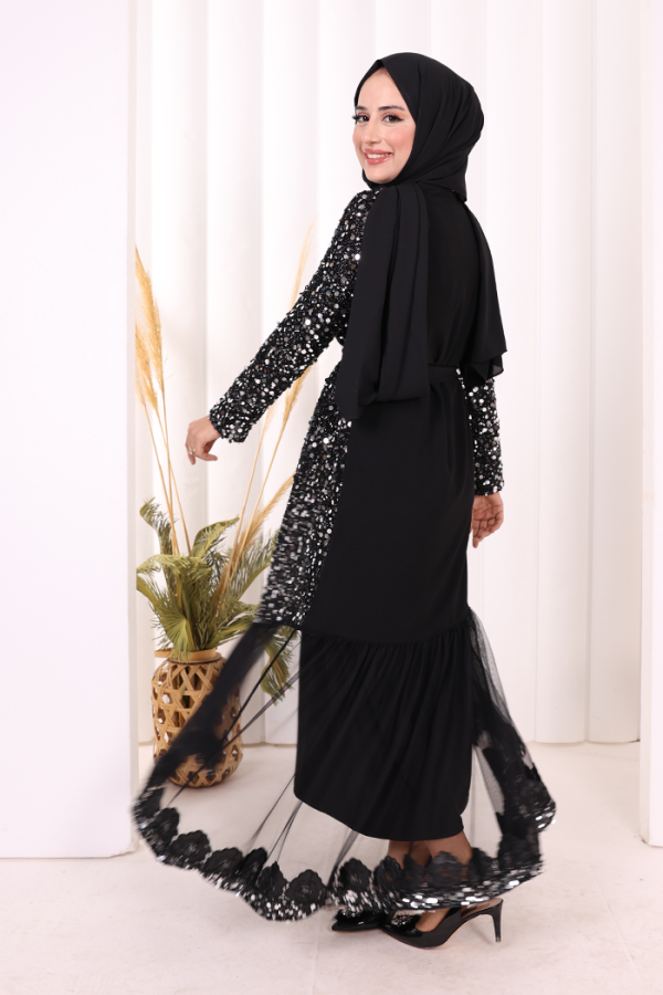 Tül İşleme Detay Pul Payetli Abaya 7376 Gümüş - 5