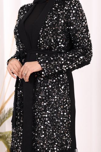 Tül İşleme Detay Pul Payetli Abaya 7376 Gümüş - 7