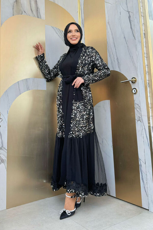 Tulle Embroidery Detail Sequined Abaya 7376 Silver - 5