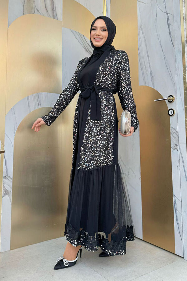 Tulle Embroidery Detail Sequined Abaya 7376 Silver - 7
