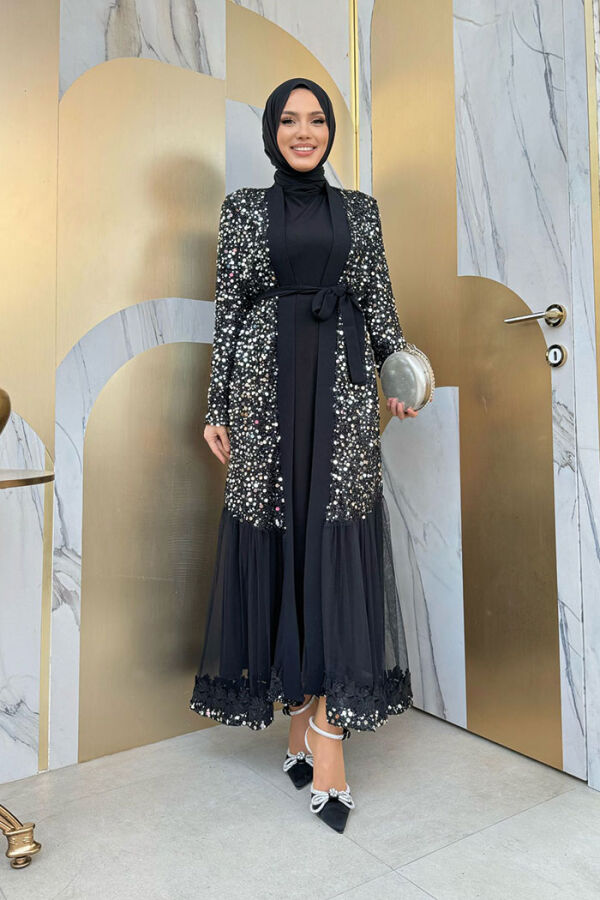 Деталь вышивки тюля с блестками Abaya 7376 Silver - 6