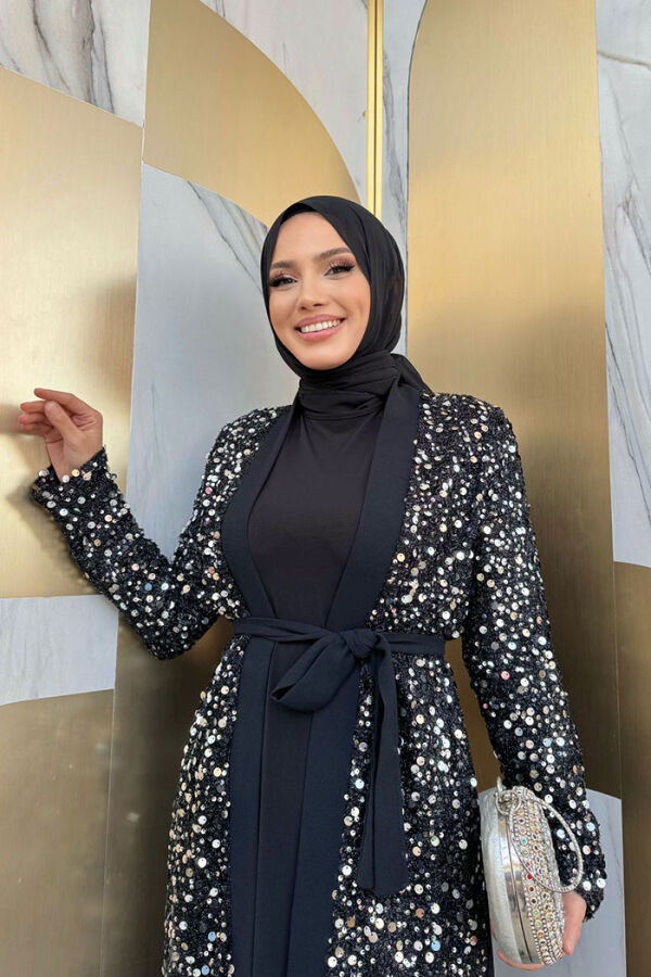 Деталь вышивки тюля с блестками Abaya 7376 Silver - 8