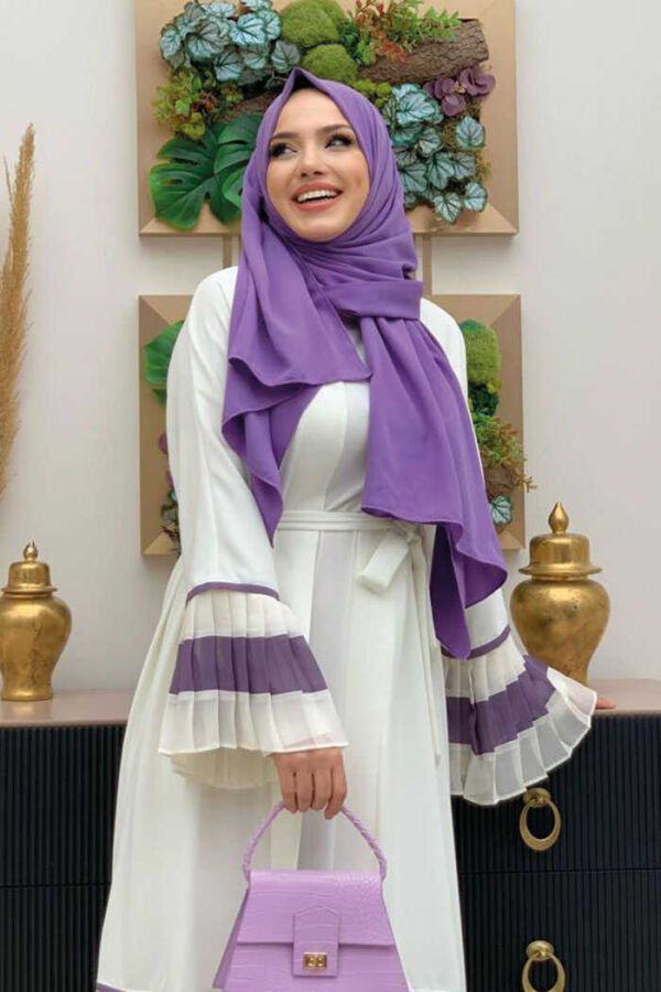 Kol ve Etek Ucu İki Renkli Bel Kuşaklı Piliseli Abaya 7454 Ekru-Lila - 4