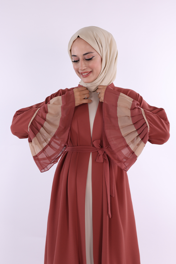 Kol ve Etek Ucu İki Renkli Bel Kuşaklı Piliseli Abaya 7454 Gül Kurusu - 4