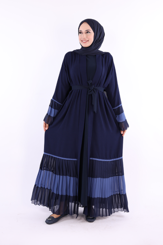Kol ve Etek Ucu İki Renkli Bel Kuşaklı Piliseli Abaya 7454 Lacivert 