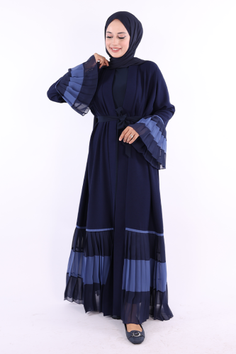 Kol ve Etek Ucu İki Renkli Bel Kuşaklı Piliseli Abaya 7454 Lacivert - 3