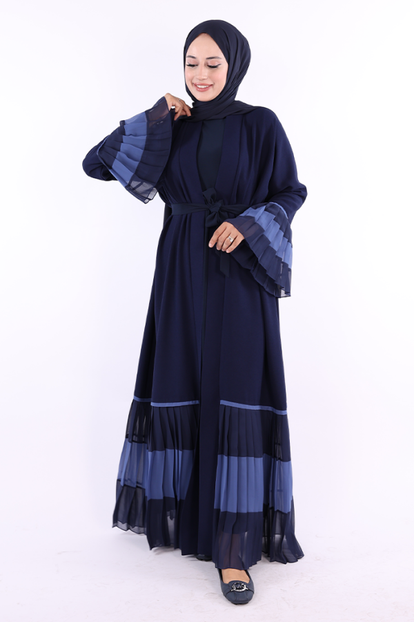 Kol ve Etek Ucu İki Renkli Bel Kuşaklı Piliseli Abaya 7454 Lacivert - 3