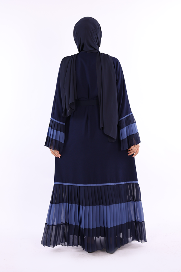 Kol ve Etek Ucu İki Renkli Bel Kuşaklı Piliseli Abaya 7454 Lacivert - 2