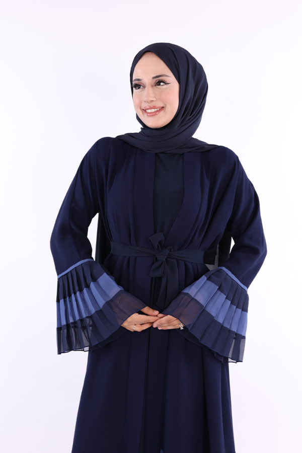 Kol ve Etek Ucu İki Renkli Bel Kuşaklı Piliseli Abaya 7454 Lacivert - 4