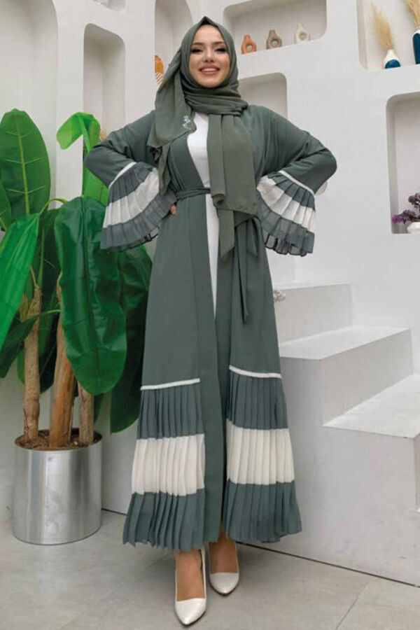 Kol ve Etek Ucu İki Renkli Bel Kuşaklı Piliseli Abaya 7454 Mint - 2