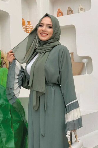Kol ve Etek Ucu İki Renkli Bel Kuşaklı Piliseli Abaya 7454 Mint - 4